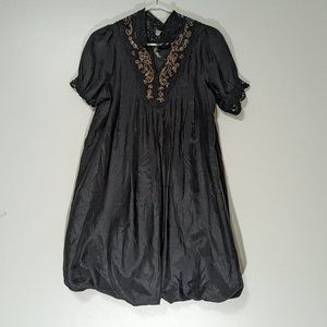 LuLuvia Silk Beaded Puffed Sleeve Dress Black Gold Size Small